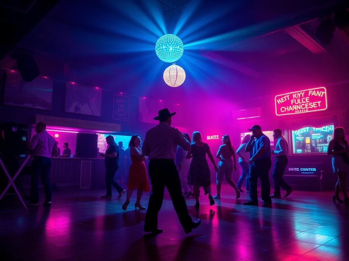 Dancers under a disco ball on Willow's neon dance floor