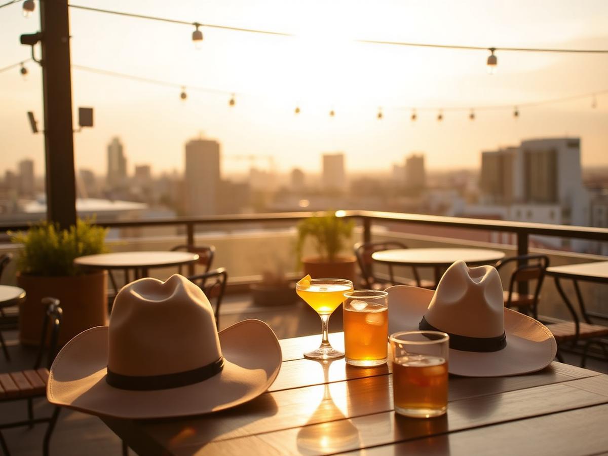 Cowboy hats and drinks on a sunlit rooftop table